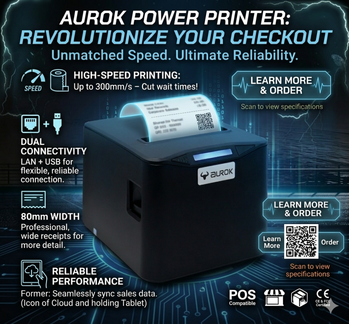 Aurok POS Printer RP3900 – 78-80 mm Thermal Desk Receipt Printer (USB + LAN). Point of Sales (POS) Printer. USB Printer+ LAN Printer. Restaurant POS Printer, Billing Printer, Ticket Printer, POS Printer, USB Printer, Ethernet Printer.