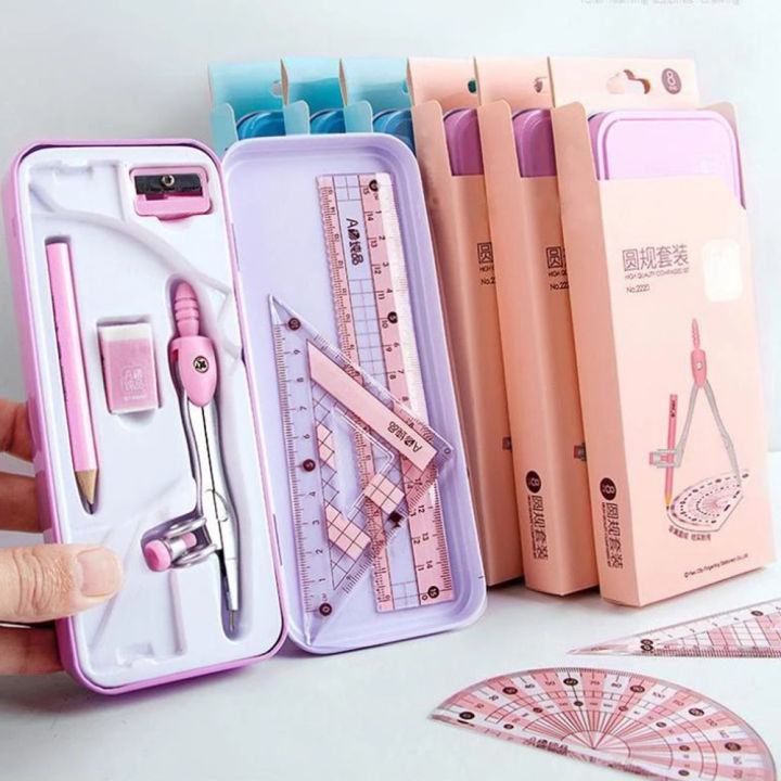 8pcs Plastic Geometry Stationery Set Maths Drawing Compasses Ruler Set Students Draw Measuring Tools School Office Stationery MuXiaRe
