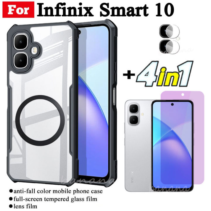 4 in 1 Infinix Smart 10 Shockproof Phone Case With Magnetic Wireless Charging Sticker For Infinix X6725 Smart 10 Plus Anti-blue Ray Tempered Glass and Lens Film