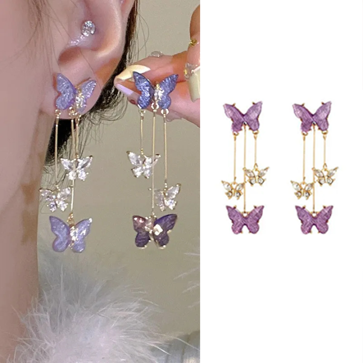 New 2024 Delicate Crystal Butterfly Dangle Earrings Long Tassel Elegant Female Girl Party Fashion Accessories