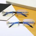 Rimless anti-blue light color-changing glasses, men's diamond cut-edged flat glasses, business square glasses frames, and myopia glasses.