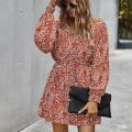 Autumn Floral Elegant Women Dress Long Sleeve Casual Beach Boho Loose Lace Up Sexy Dresses Woman Orange XL. 