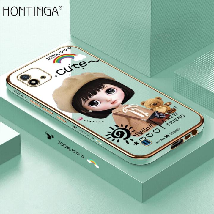 Hontinga for Realme C11 2021 Case Luxury 6D Plating Cute Satchel Girl Side Pattern Soft Back Cover Silicone Square Phone Cases
