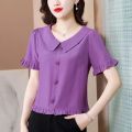 Summer New Peter Pan Collar Fashion Trendy Small Shirt Shirt Temperament Waist-Controlled Short-Sleeved Shirt Women's Chiffon Shirt Fashion.