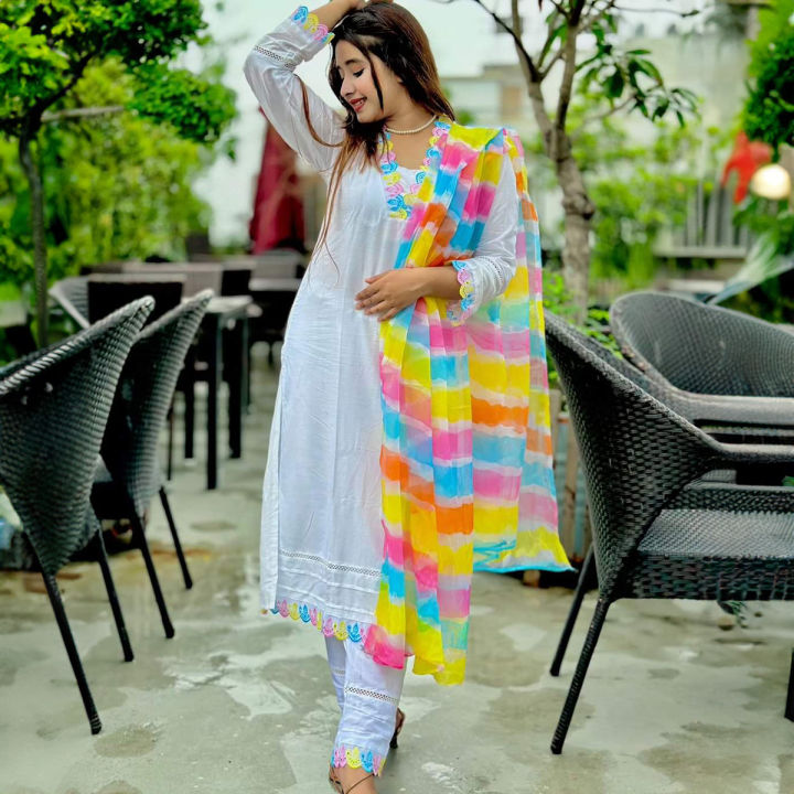 New Collection White Rainbow Shalwar Kamiz   Three Piece For Women