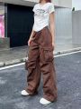 2022 Solid Retro White Cargo Pants Women Harajuku Style Brown Hippie Wide Leg Parachute Trousers Female High Street Pantalone. 