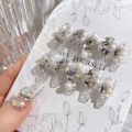 Glitter Large Crystal False Nails 24pcs 3D Rhinestone Pearl Decor Bride Nail Patch Shiny Korean Style Artificial Nail Tips. 