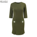Korean Style Women's Dress Elegant 3/4 Sleeve Knitted Sundress Floral Embroidery Midi Dresses #11. 