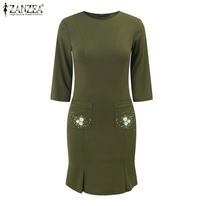 Korean%20Style%20Women's%20Dress%20Elegant%203/4%20Sleeve%20Knitted%20Sundress%20Floral%20Embroidery%20Midi%20Dresses%20#11%20-%20Image%207