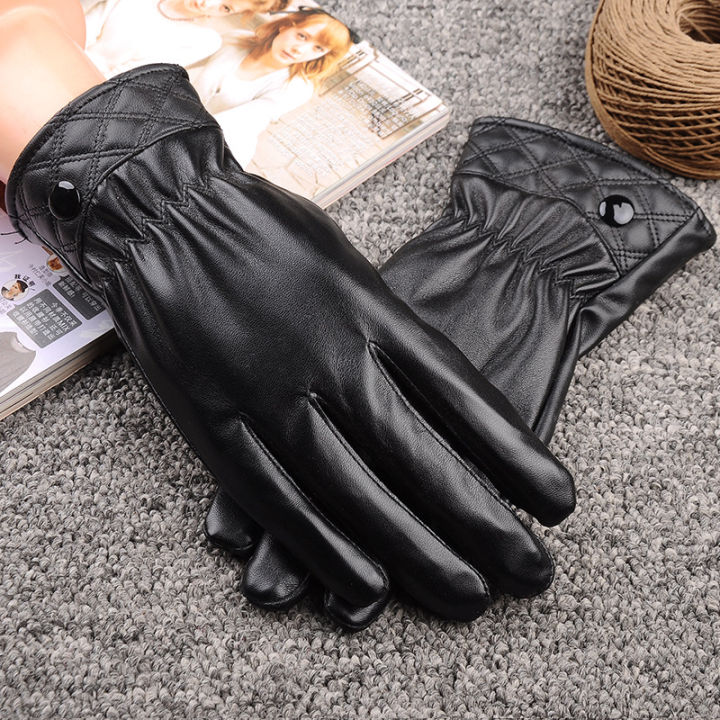 Women's leather gloves autumn and winter outdoor bicycle cold proof fashion black pu warm fleece gloves Korean version