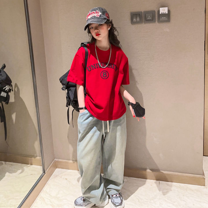 Girls summer short sleeve wide-leg jeans set for middle and big children fashionable foreign style summer pants for girls Korean summer dress