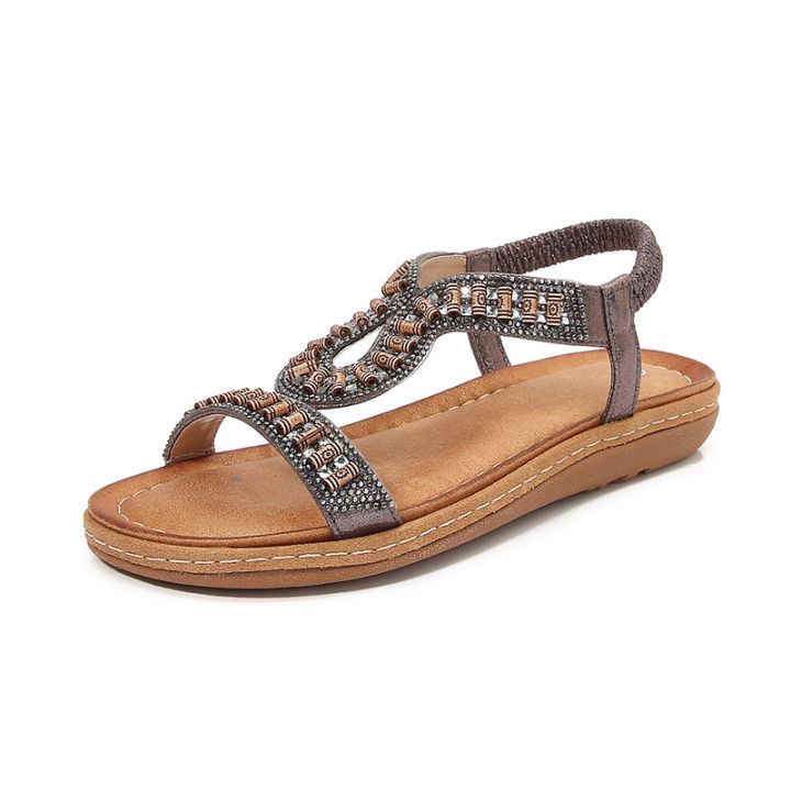 2023%20IESRUN%20Cross%20Border%20Rhinestone%20Sandals%20Round%20Toe%20Korean%20Version%20Flat%20Heel%20Cutout%20Bohemian%20Comfortable%20Women's%20Shoes%20Summer%20-%20Image%203