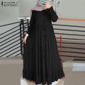 ZANZEA Muslimah Women Muslim Solid Long Puff Sleeve Ruffles Hem Button Down Abaya Dress.