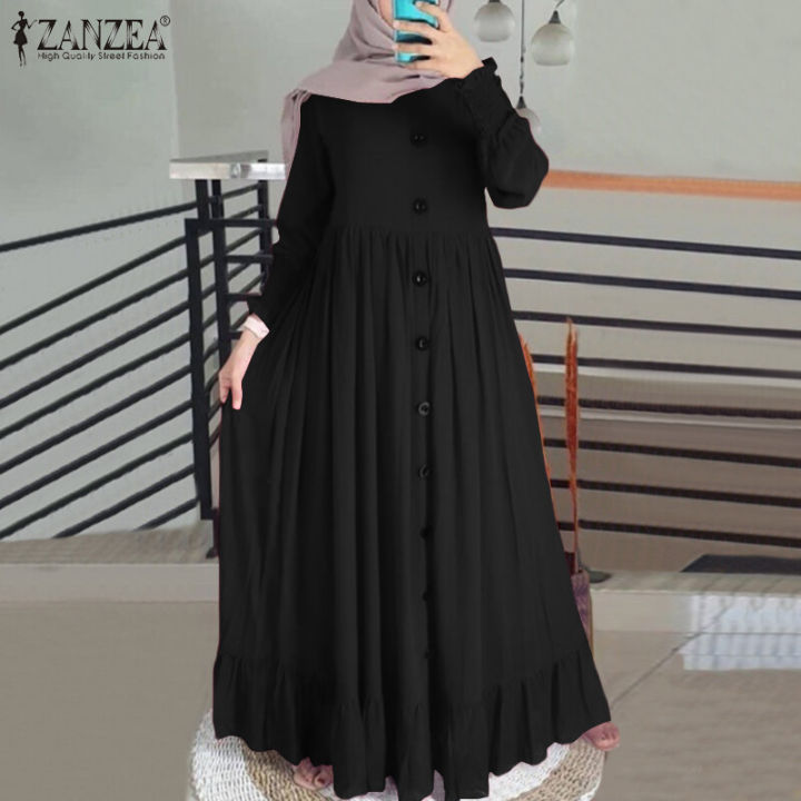 ZANZEA Muslimah Women Muslim Solid Long Puff Sleeve Ruffles Hem Button Down Abaya Dress