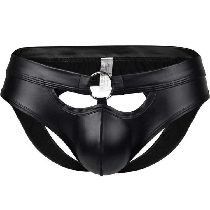 Black Underwear Men Latex PU Leather Panties Gay Man's Underwear Hollow Jockstrap Men Briefs Lingerie Cueca Male Panties