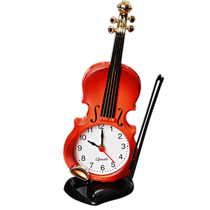 Simulation Violin Alarm Clock Musical Instrument Shape Table Clock Living Room Plastic Ornaments,Red Easy Install