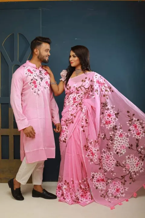 Exclusive%20Designer%20Half%20Silk%20Shuli%20Ful%20Saree%20and%20Dhupian%20Silk%20Panjabi%20Combo%20For%20Couple%20-%20Image%202