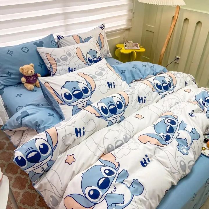 Disney Kawaii Anime Stitch Washed Cotton Four-Piece Bedding Set Mickey Mous Cute Bed Linen Three-Piece Dormitory Set Kids Toys