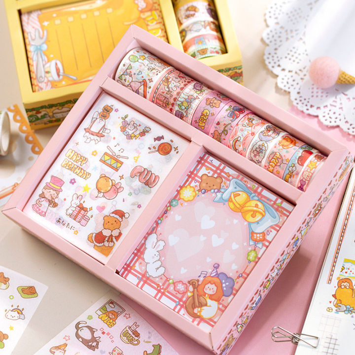 【A village Store】Kawaii Washi Masking Tape Sticker Memo Pad Set 3in1(10 Rolls Stickers+30 Sheets Memo Pad) Cute Stationery Label