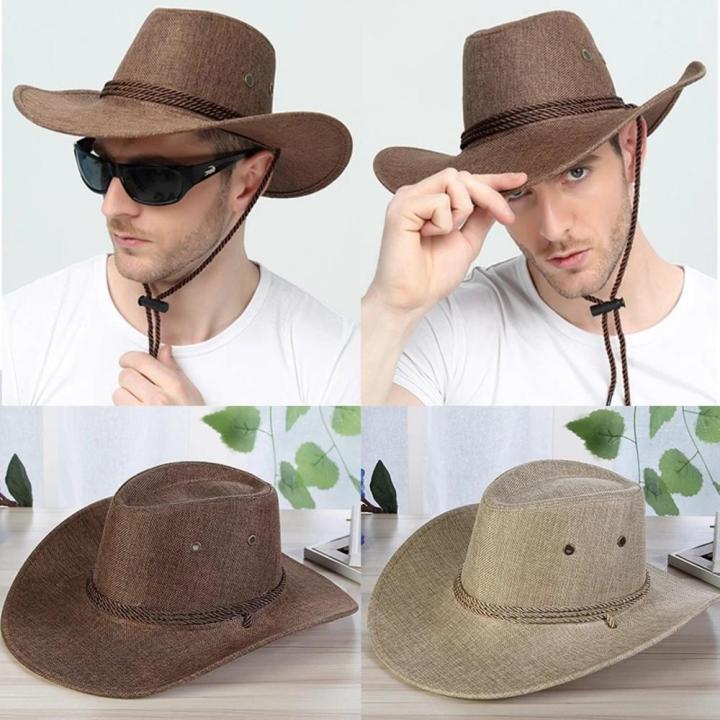 Wide Brim Cowboy Hat Protective Sunscreen Unisex Sheriff Cap Adjustable Wind Rope Western Hat for Horseback Riding Fishing