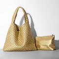 Golden Hobos For Women Knitting Handbags And Purses Soft Vegan Leather Designer Female Shoulder Bag High-Capacity Tote Bags.