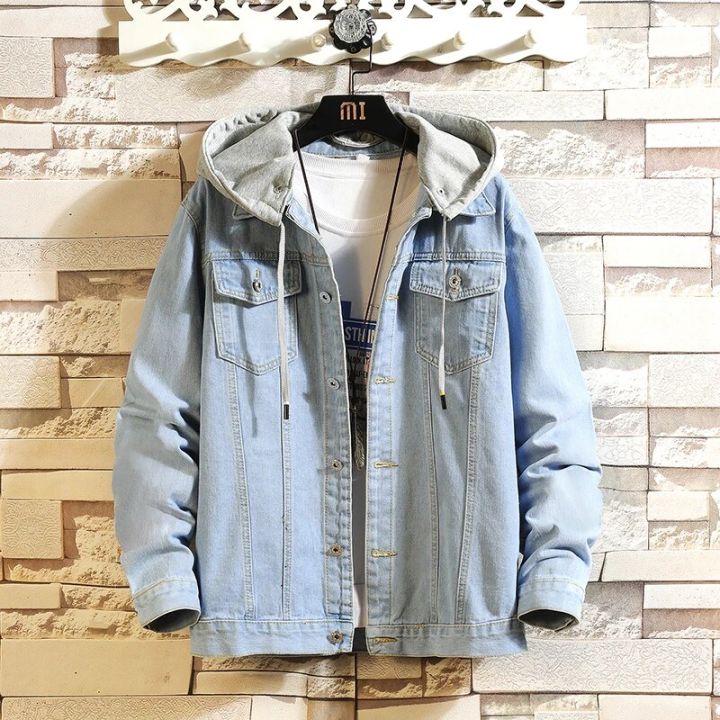 Denim Jacket Men Hooded Casual Men Jean Jackets Streetwear Solid Color Turn Down Collar Denim Coats Men Jacktes