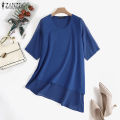 ZANZEA Women Summer 3/4 Sleeve Plain Layered Asymmetric Hem O Neck Loose Tops Blouse #11. 