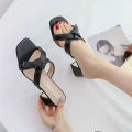 Birthday Slippers for Women Leather Outdoor2023New Mid Heel Chunky Heel Slip-on Lofter Sandals for Women. 