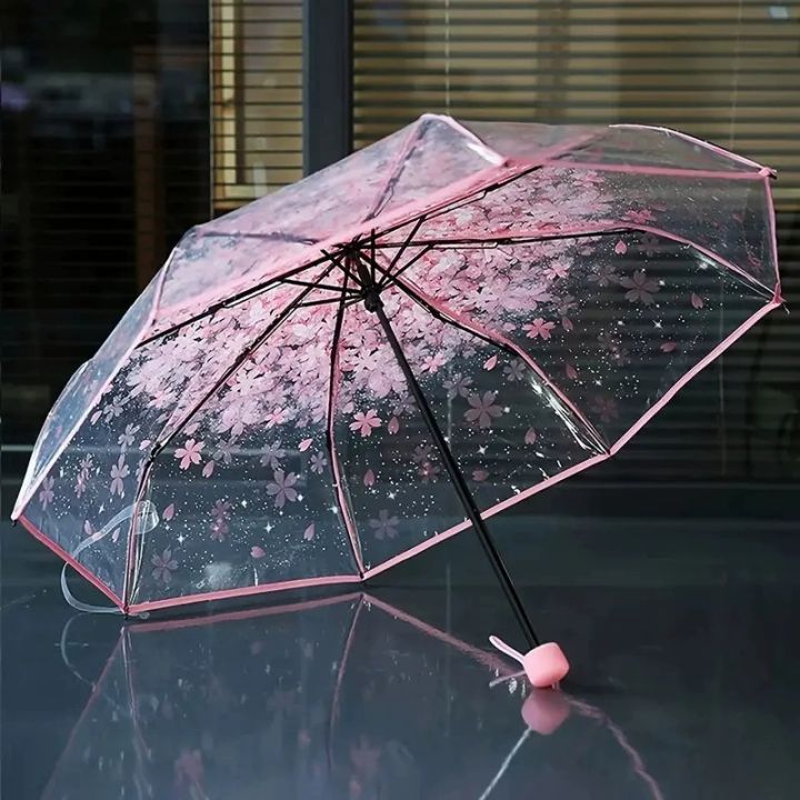 Cherry%20Blossom%20Printed%20Clear%20Umbrella%20Three-Fold%20Transparent%20Umbrella%20Rain%20Gear%20Outdoor%20Sunshade%20Uv%20Protection%20-%20Image%202
