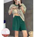 Manufacturers: foreign trade, summer pajamas with bra pads, women's short-sleeved shorts, imitation cotton stripes, simple sports loungewear, can be worn outside.