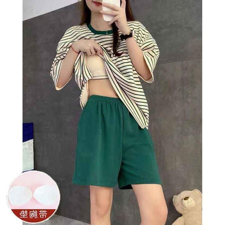 Manufacturers: foreign trade, summer pajamas with bra pads, women's short-sleeved shorts, imitation cotton stripes, simple sports loungewear, can be worn outside
