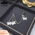 Carat Korean Cute Glass Butterfly Stud Earrings - Women's Fashion Metal Chain Bouquel Ear Cuff Pierced Jewelry Gift. 