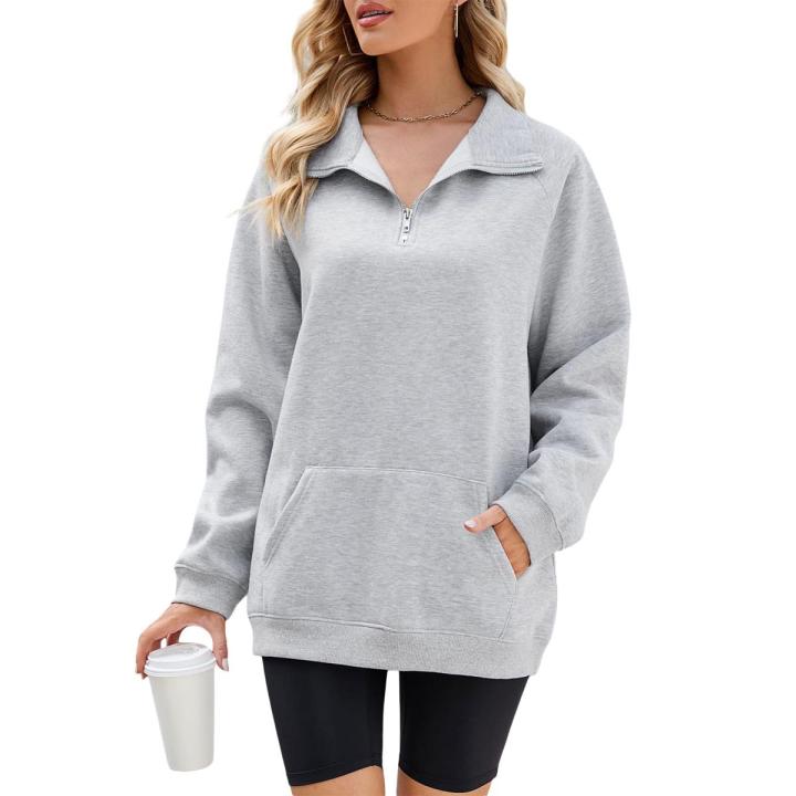 Women Pullover Sweatshirts Solid Color Casual Loose Long Sleeve 1/3 Zip T-shirt Tops Autumn Streetwear