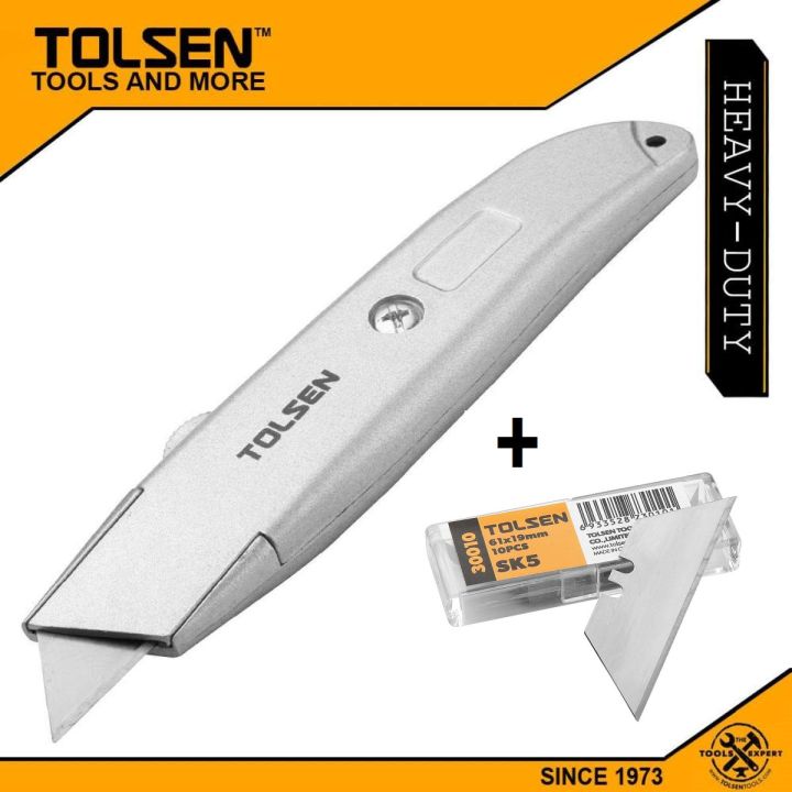 TOLSEN Retractable Utility Cutter with 10pcs refill Blade (61x19mm) Aluminium Body Box Cutter Model: 30008 + 30010