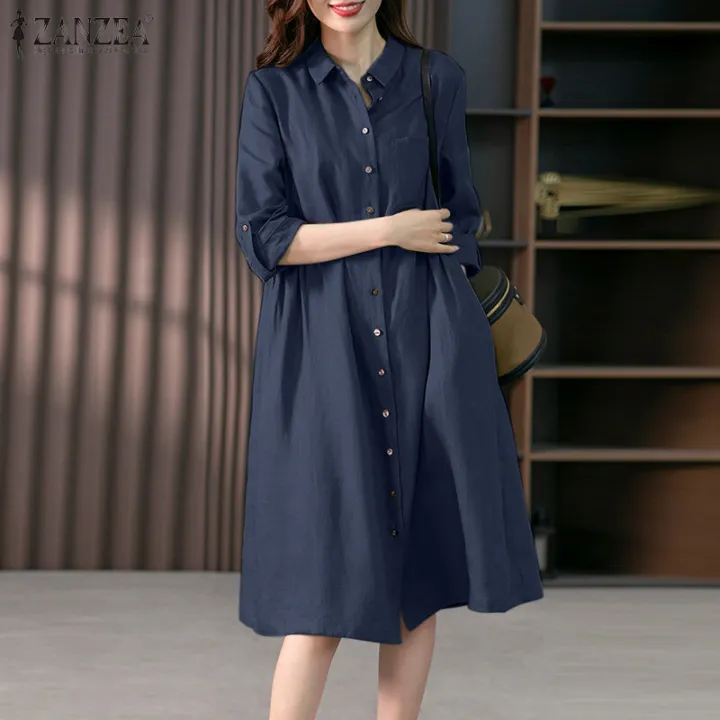 ZANZEA%20Women's%20Vintage%20Button%20Up%20Solid%20Midi%20Dresses%20Commute%20Leisure%20Lapel%20Shirtdress%20#8%20-%20Image%203