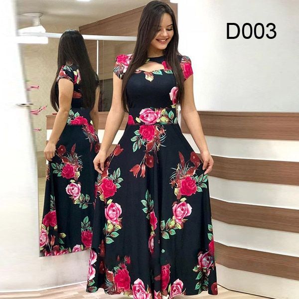 Women%20Short%20Sleeve%20Hollow%20Out%20O-neck%20Long%20Dress%20Summer%20Elegant%20Floral%20Printed%20High%20Waist%20Elastic%20Elegant%20Boho%20Robe%20Maxi%20Vestidos%20-%20Image%203