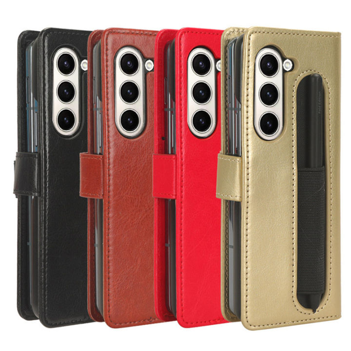 Applicable to Samsung Galaxy Z fold5 Mobile Phone Protective Case with Pen Sleeve Zfold4 Crazy Horse Pattern with Flip Leather Case