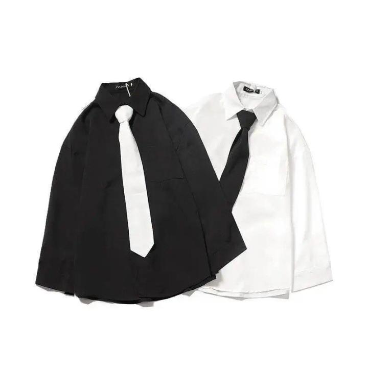 White Shirt for Male and Female Students Korean Style LoosedkBlack White Shirt Casual Bottoming Top Trendy Hong Kong Style
