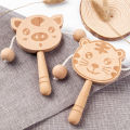 Wooden cartoon tambourine toy, newborn baby can chew and shake drum, traditional children's early education hand ringing the bell. 
