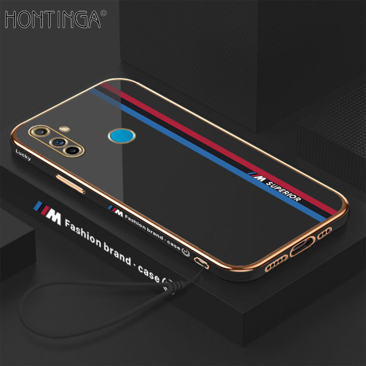 Hontinga for Realme C3 Back Cover + Free Lanyard Luxury 6D Plating Fashion Racing Side Pattern Case Soft Silicone Square Mobile Cover