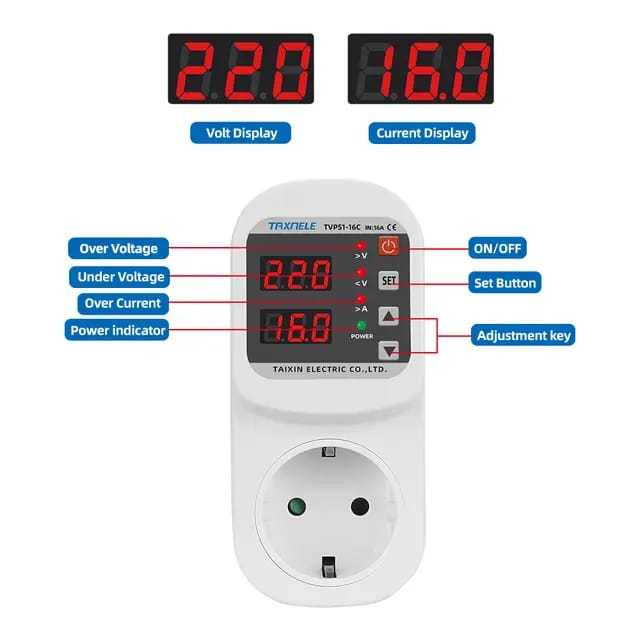 Over Voltage Current Under Voltage Protector Socket AC 220V Adjustable 16A Surge Protector EU Plug Socket Safe Protect