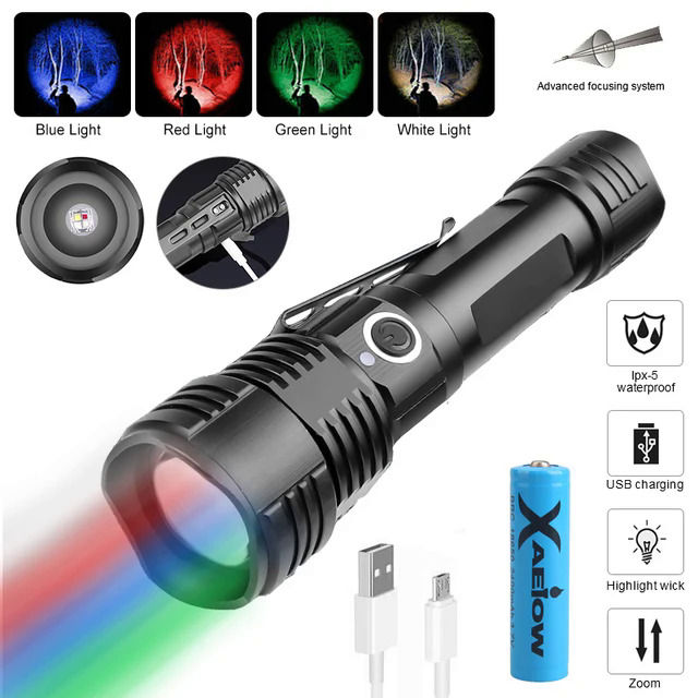 4in1%20tactical%20zoomable%20LED%20flashlight%20red/green/blue/white%20light%20torch%20Outdoor%20Hunting%20Fishing%20light%20USB%20rechargeable%20-%20Image%208