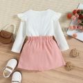 DSstyles 2 Pieces Baby Girls Skirt Set Cute Long Flying Sleeves Round Neck Tops Pleated Skirt With Bowknot Cotton Outfits For Girls.