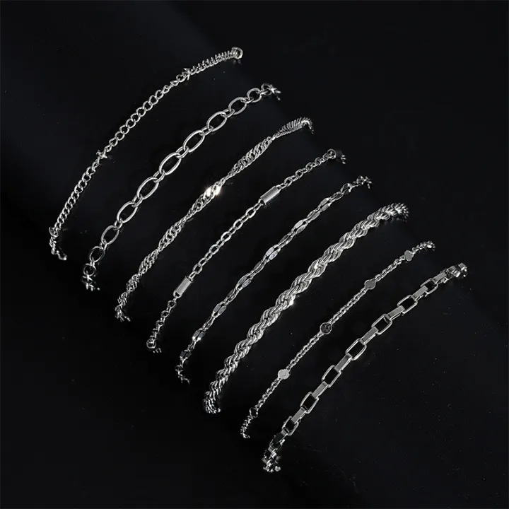 11Pcs%20Set%20Simple%20Stackable%20Silver%20Color%20Metal%20Chain%20Bracelets%20Set%20Jewelry%20Nicle%20-%20Image%202