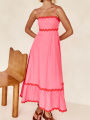 Traf Female Dress Summer Lace Patchwork Frock Elegant Suspender Strapless One-piece Dress Oversized Long Skirt Casual Streetwear.