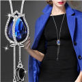 Fashion Unique Hollow Crystal Blue Shampee Tulip Pendant Sweater Necklace Silver Color Chain Long Necklace for Women. 