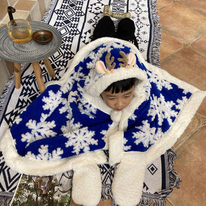 【Parent-Child】Winter Christmas Snowflake Multi-Functional Blanket Flannel Thickened Cape Shawl Cloak Student Nap Blanket