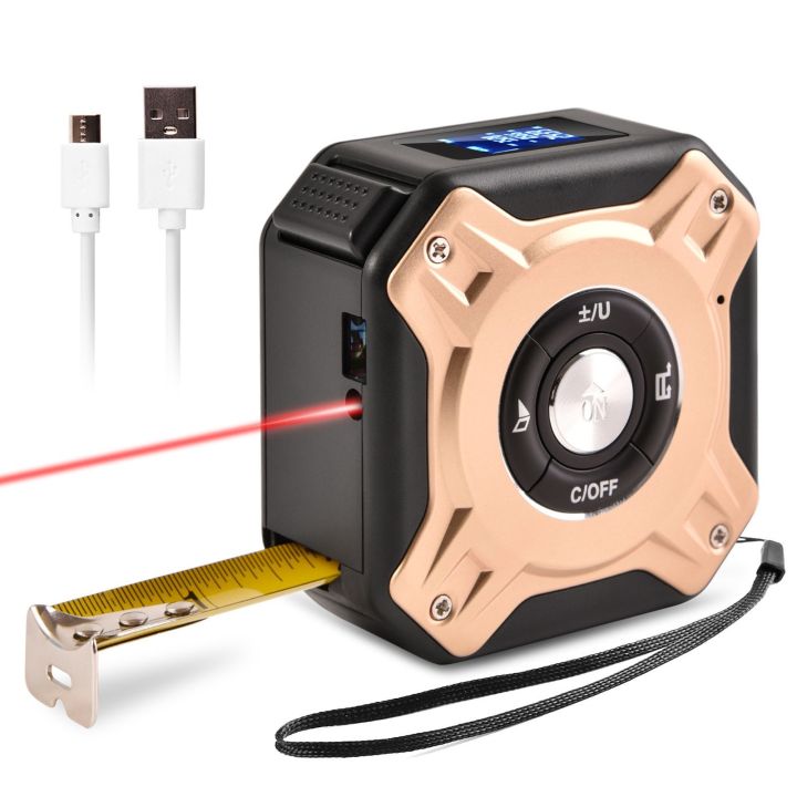 3 in 1 Laser Tape Measure Digital Rangerfinder 16Ft Measuring Tape 131Ft Rechargeable Distance Meter - gold + black