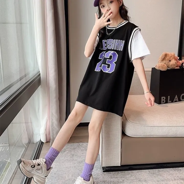 Summer%20Girls%20T%20T-shirt%20Skirt%20Mid-Length%20Korean%20Style%20False%20Two-Piece%20Basketball%20Wear%20Loose%20Fried%20Street%20Girls%20Sports%20Dress%20-%20Image%204