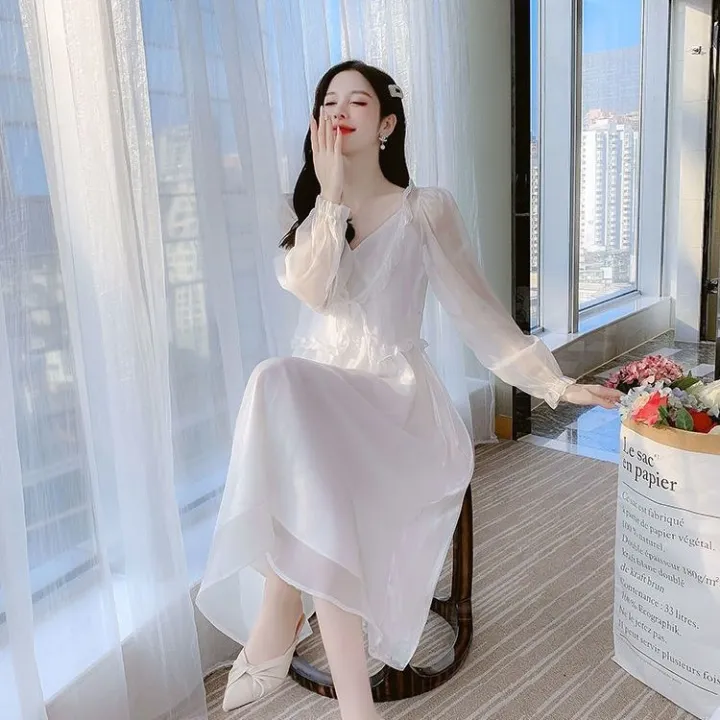 White%20Moonlight%20Cinnabar%20Mole%202022%20Amoi%20Glossy%20Silk%20Temperament%20Slimming%20Youthful-Looking%20Overall%20Dress%20Set%20Super%20Fairy%20Dress%20-%20Image%203